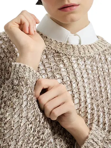 Brunello Cucinelli Women's Dazzling Chiné Net Sweater in Silk and Linen - Rope - Size XXXL | Thumbnail 4 Brunello Cucinelli Women's Dazzling Chiné Net Sweater in Silk and Linen - Rope - Size XXXL | Thumbnail 4