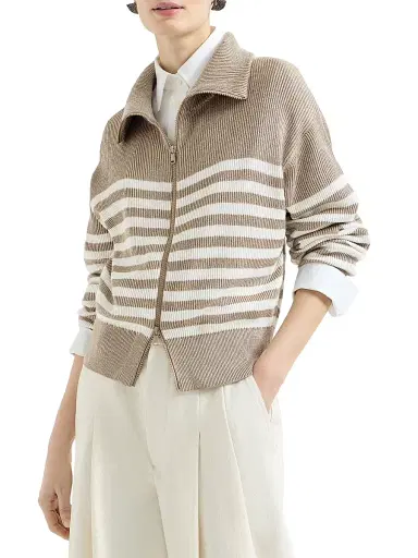 Brunello Cucinelli Women's Sparkling Cotton Striped English Rib Cardigan - Beige | Thumbnail 2 Brunello Cucinelli Women's Sparkling Cotton Striped English Rib Cardigan - Beige | Thumbnail 2
