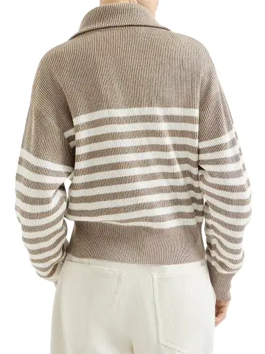 Brunello Cucinelli Women's Sparkling Cotton Striped English Rib Cardigan - Beige | Thumbnail 3 Brunello Cucinelli Women's Sparkling Cotton Striped English Rib Cardigan - Beige | Thumbnail 3