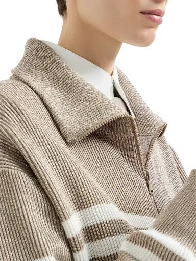 Brunello Cucinelli Women's Sparkling Cotton Striped English Rib Cardigan - Beige | Thumbnail 4 Brunello Cucinelli Women's Sparkling Cotton Striped English Rib Cardigan - Beige | Thumbnail 4