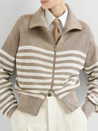 Brunello Cucinelli Women's Sparkling Cotton Striped English Rib Cardigan - Beige | Thumbnail 5 Brunello Cucinelli Women's Sparkling Cotton Striped English Rib Cardigan - Beige | Thumbnail 5
