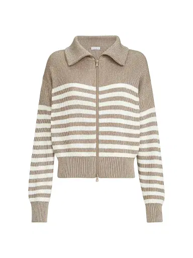 Brunello Cucinelli Women's Sparkling Cotton Striped English Rib Cardigan - Beige | Thumbnail 1 Brunello Cucinelli Women's Sparkling Cotton Striped English Rib Cardigan - Beige | Thumbnail 1