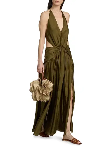 Zimmermann Women's Indra Silk Plunge Halter Maxi Dress - Olive | Thumbnail 2 Zimmermann Women's Indra Silk Plunge Halter Maxi Dress - Olive | Thumbnail 2