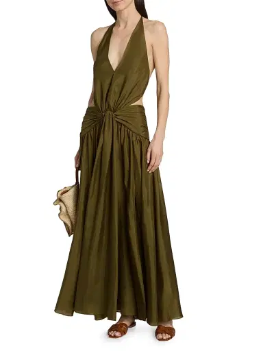 Zimmermann Women's Indra Silk Plunge Halter Maxi Dress - Olive | Thumbnail 3 Zimmermann Women's Indra Silk Plunge Halter Maxi Dress - Olive | Thumbnail 3
