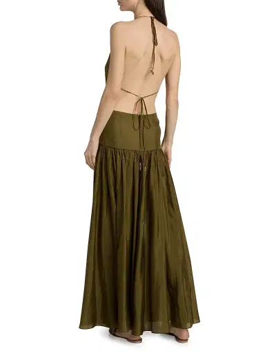 Zimmermann Women's Indra Silk Plunge Halter Maxi Dress - Olive | Thumbnail 5 Zimmermann Women's Indra Silk Plunge Halter Maxi Dress - Olive | Thumbnail 5