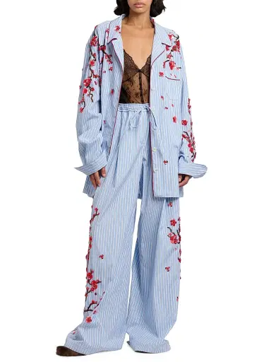 Dolce & Gabbana Women's Floral-Embellished Striped Cotton-Silk Drawstring Pants - Ricamati | Thumbnail 2 Dolce & Gabbana Women's Floral-Embellished Striped Cotton-Silk Drawstring Pants - Ricamati | Thumbnail 2