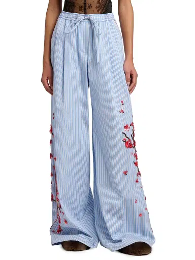 Dolce & Gabbana Women's Floral-Embellished Striped Cotton-Silk Drawstring Pants - Ricamati | Thumbnail 3 Dolce & Gabbana Women's Floral-Embellished Striped Cotton-Silk Drawstring Pants - Ricamati | Thumbnail 3