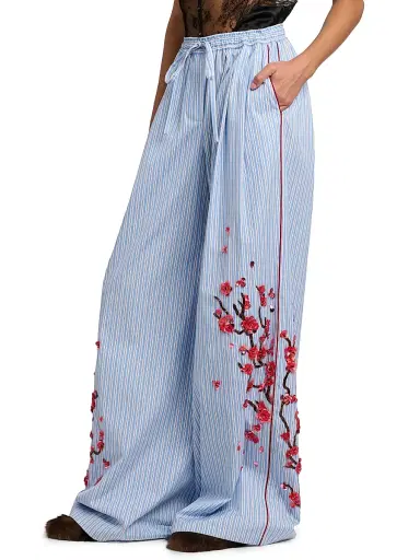 Dolce & Gabbana Women's Floral-Embellished Striped Cotton-Silk Drawstring Pants - Ricamati | Thumbnail 4 Dolce & Gabbana Women's Floral-Embellished Striped Cotton-Silk Drawstring Pants - Ricamati | Thumbnail 4