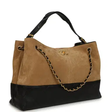 Chanel Chanel Large Coco Base Hobo Bag Brown Suede and Black Shiny Lambskin Brushed Gold Hardware | Thumbnail 2 Chanel Chanel Large Coco Base Hobo Bag Brown Suede and Black Shiny Lambskin Brushed Gold Hardware | Thumbnail 2