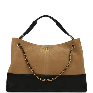 Chanel Chanel Large Coco Base Hobo Bag Brown Suede and Black Shiny Lambskin Brushed Gold Hardware | Thumbnail 1 Chanel Chanel Large Coco Base Hobo Bag Brown Suede and Black Shiny Lambskin Brushed Gold Hardware | Thumbnail 1