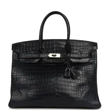 HERMÈS Pre-owned Hermes Birkin 35 Bleu Indigo Matte Porosus Crocodile Palladium Hardware | Thumbnail 1 HERMÈS Pre-owned Hermes Birkin 35 Bleu Indigo Matte Porosus Crocodile Palladium Hardware | Thumbnail 1