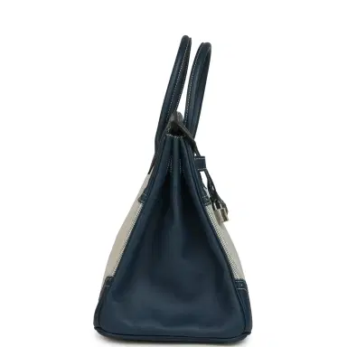 HERMÈS Pre-owned Hermes Birkin Ghillies 35 Bleu De Prusse Swift and Ecru Toile H Palladium Hardware | Thumbnail 3 HERMÈS Pre-owned Hermes Birkin Ghillies 35 Bleu De Prusse Swift and Ecru Toile H Palladium Hardware | Thumbnail 3