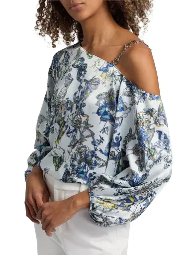 L'Agence Women's Asami Printed Chain One-Shoulder Blouse - Grey Watercolor Butterfly - Size Large | Thumbnail 6 L'Agence Women's Asami Printed Chain One-Shoulder Blouse - Grey Watercolor Butterfly - Size Large | Thumbnail 6