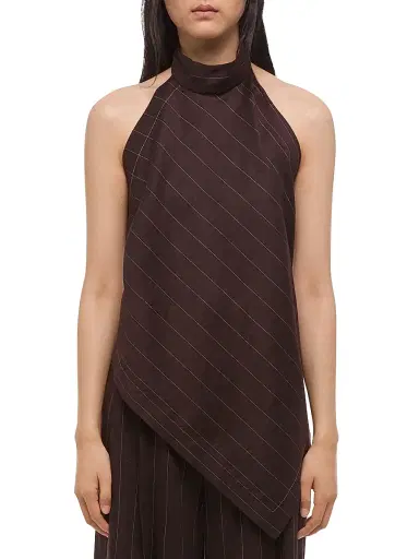 Helmut Lang Women's Pinstripe Asymmetric Linen-Blend Halter Scarf Top - Brown Multi - Size Large | Thumbnail 3 Helmut Lang Women's Pinstripe Asymmetric Linen-Blend Halter Scarf Top - Brown Multi - Size Large | Thumbnail 3