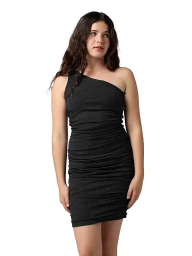 Un Deux Trois Girl's One-Shoulder Ruched Dress - Black Glitter | Thumbnail 2 Un Deux Trois Girl's One-Shoulder Ruched Dress - Black Glitter | Thumbnail 2