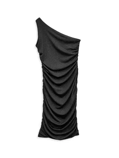 Un Deux Trois Girl's One-Shoulder Ruched Dress - Black Glitter | Thumbnail 1 Un Deux Trois Girl's One-Shoulder Ruched Dress - Black Glitter | Thumbnail 1