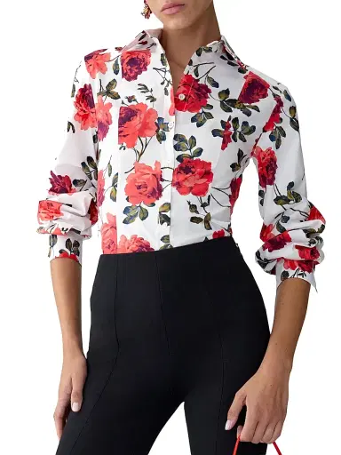 Carolina Herrera Women's Rose-Print Cotton Shirt - White Multi | Thumbnail 3 Carolina Herrera Women's Rose-Print Cotton Shirt - White Multi | Thumbnail 3