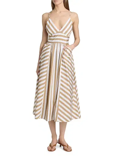 Tanya Taylor Women's Vivien Striped Cotton Midi-Dress - Optic White Dark Khaki | Thumbnail 2 Tanya Taylor Women's Vivien Striped Cotton Midi-Dress - Optic White Dark Khaki | Thumbnail 2