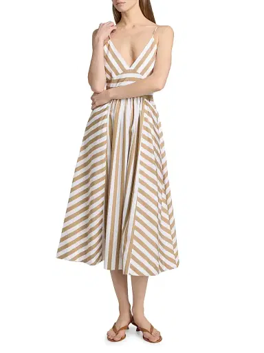 Tanya Taylor Women's Vivien Striped Cotton Midi-Dress - Optic White Dark Khaki | Thumbnail 3 Tanya Taylor Women's Vivien Striped Cotton Midi-Dress - Optic White Dark Khaki | Thumbnail 3