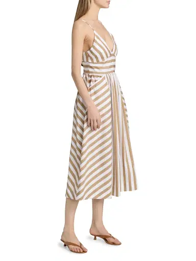 Tanya Taylor Women's Vivien Striped Cotton Midi-Dress - Optic White Dark Khaki | Thumbnail 4 Tanya Taylor Women's Vivien Striped Cotton Midi-Dress - Optic White Dark Khaki | Thumbnail 4