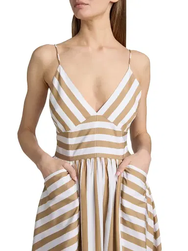 Tanya Taylor Women's Vivien Striped Cotton Midi-Dress - Optic White Dark Khaki | Thumbnail 6 Tanya Taylor Women's Vivien Striped Cotton Midi-Dress - Optic White Dark Khaki | Thumbnail 6