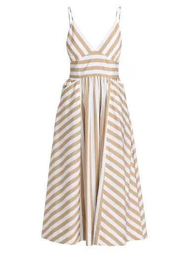 Tanya Taylor Women's Vivien Striped Cotton Midi-Dress - Optic White Dark Khaki | Thumbnail 1 Tanya Taylor Women's Vivien Striped Cotton Midi-Dress - Optic White Dark Khaki | Thumbnail 1