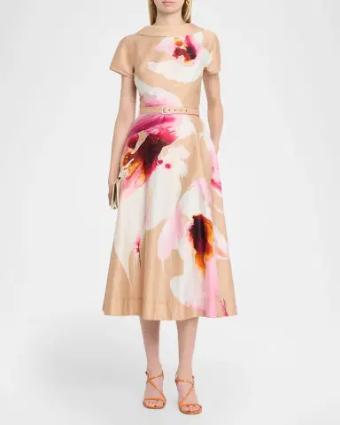 Rickie Freeman for Teri Jon Large Bloom Belted Cotton Midi Dress | Thumbnail 2 Rickie Freeman for Teri Jon Large Bloom Belted Cotton Midi Dress | Thumbnail 2