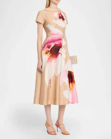Rickie Freeman for Teri Jon Large Bloom Belted Cotton Midi Dress | Thumbnail 4 Rickie Freeman for Teri Jon Large Bloom Belted Cotton Midi Dress | Thumbnail 4