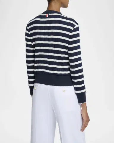 Thom Browne Striped Cotton Rib Crewneck Cardigan | Thumbnail 3 Thom Browne Striped Cotton Rib Crewneck Cardigan | Thumbnail 3