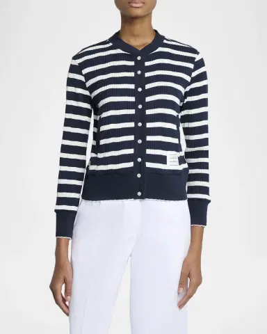Thom Browne Striped Cotton Rib Crewneck Cardigan | Thumbnail 4 Thom Browne Striped Cotton Rib Crewneck Cardigan | Thumbnail 4
