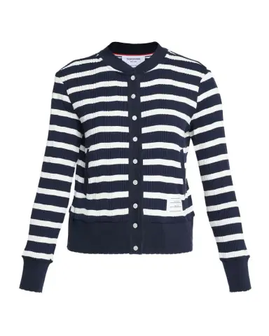 Thom Browne Striped Cotton Rib Crewneck Cardigan | Thumbnail 1 Thom Browne Striped Cotton Rib Crewneck Cardigan | Thumbnail 1