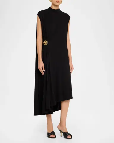Bottega Veneta Mock-Neck Gathered Jersey Asymmetric Midi Dress | Thumbnail 3 Bottega Veneta Mock-Neck Gathered Jersey Asymmetric Midi Dress | Thumbnail 3