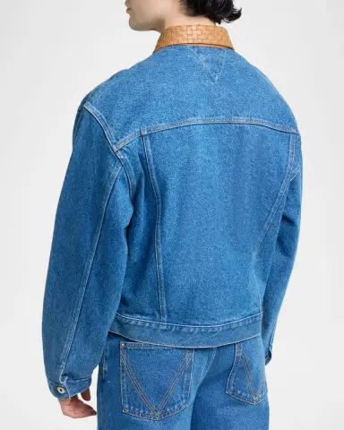 Bottega Veneta Men's Intrecciato-Leather Collar Denim Jacket | Thumbnail 2 Bottega Veneta Men's Intrecciato-Leather Collar Denim Jacket | Thumbnail 2