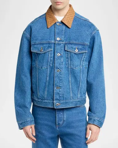 Bottega Veneta Men's Intrecciato-Leather Collar Denim Jacket | Thumbnail 3 Bottega Veneta Men's Intrecciato-Leather Collar Denim Jacket | Thumbnail 3