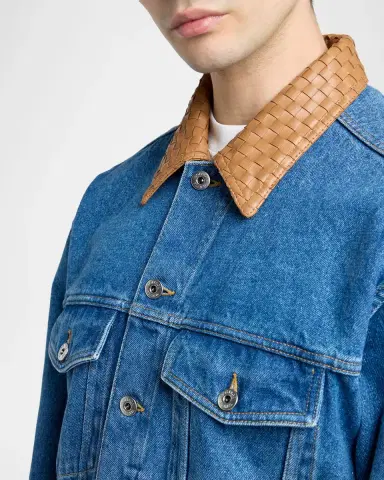 Bottega Veneta Men's Intrecciato-Leather Collar Denim Jacket | Thumbnail 4 Bottega Veneta Men's Intrecciato-Leather Collar Denim Jacket | Thumbnail 4