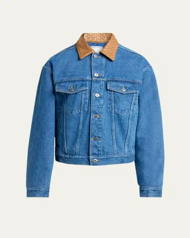 Bottega Veneta Men's Intrecciato-Leather Collar Denim Jacket | Thumbnail 5 Bottega Veneta Men's Intrecciato-Leather Collar Denim Jacket | Thumbnail 5