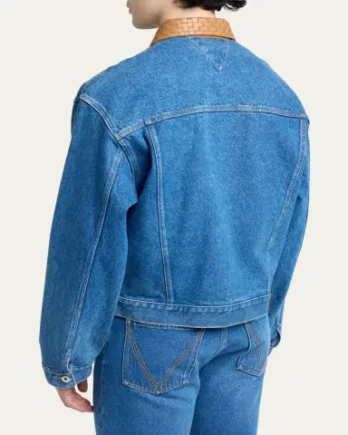 Bottega Veneta Men's Intrecciato-Leather Collar Denim Jacket | Thumbnail 7 Bottega Veneta Men's Intrecciato-Leather Collar Denim Jacket | Thumbnail 7