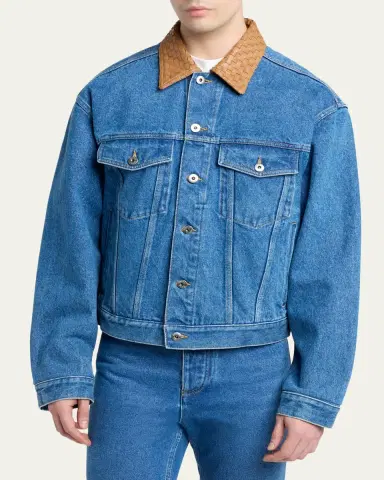 Bottega Veneta Men's Intrecciato-Leather Collar Denim Jacket | Thumbnail 8 Bottega Veneta Men's Intrecciato-Leather Collar Denim Jacket | Thumbnail 8