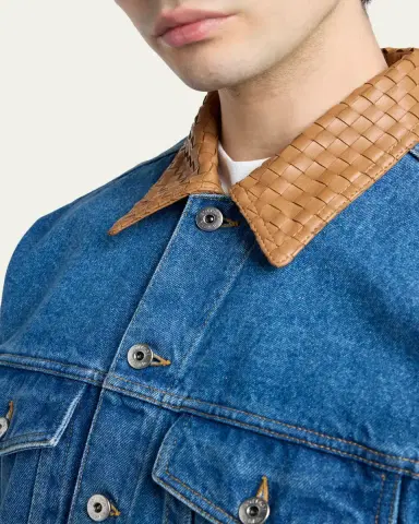 Bottega Veneta Men's Intrecciato-Leather Collar Denim Jacket | Thumbnail 9 Bottega Veneta Men's Intrecciato-Leather Collar Denim Jacket | Thumbnail 9