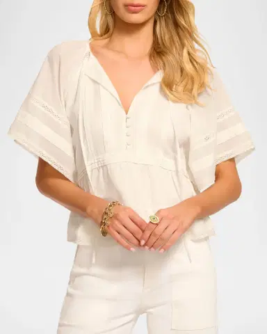 Ramy Brook Sherry Tie-Neck Short-Sleeve Cotton Blouse | Thumbnail 2 Ramy Brook Sherry Tie-Neck Short-Sleeve Cotton Blouse | Thumbnail 2