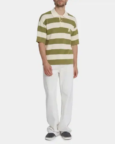 Ami Paris Men 's Crochet Ami de Coeur Stripe Cotton Knit Polo Shirt | Thumbnail 2 Ami Paris Men 's Crochet Ami de Coeur Stripe Cotton Knit Polo Shirt | Thumbnail 2