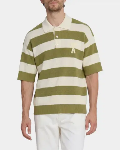 Ami Paris Men 's Crochet Ami de Coeur Stripe Cotton Knit Polo Shirt | Thumbnail 4 Ami Paris Men 's Crochet Ami de Coeur Stripe Cotton Knit Polo Shirt | Thumbnail 4