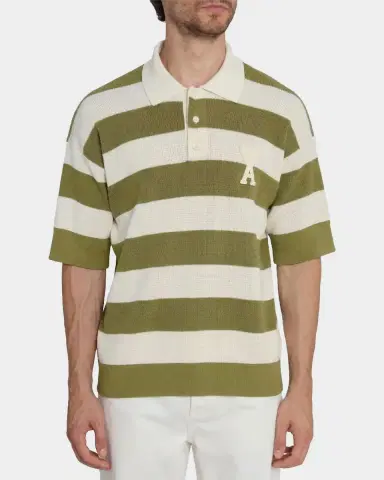 Ami Paris Men 's Crochet Ami de Coeur Stripe Cotton Knit Polo Shirt | Thumbnail 5 Ami Paris Men 's Crochet Ami de Coeur Stripe Cotton Knit Polo Shirt | Thumbnail 5