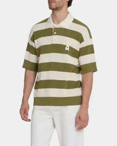 Ami Paris Men 's Crochet Ami de Coeur Stripe Cotton Knit Polo Shirt | Thumbnail 6 Ami Paris Men 's Crochet Ami de Coeur Stripe Cotton Knit Polo Shirt | Thumbnail 6