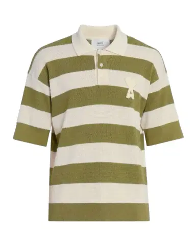 Ami Paris Men 's Crochet Ami de Coeur Stripe Cotton Knit Polo Shirt | Thumbnail 1 Ami Paris Men 's Crochet Ami de Coeur Stripe Cotton Knit Polo Shirt | Thumbnail 1