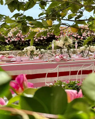 SUMMERILL & BISHOP Raspberry/Rose Pink Stripe Linen Tablecloth, 65" x 98" | Thumbnail 3 SUMMERILL & BISHOP Raspberry/Rose Pink Stripe Linen Tablecloth, 65" x 98" | Thumbnail 3