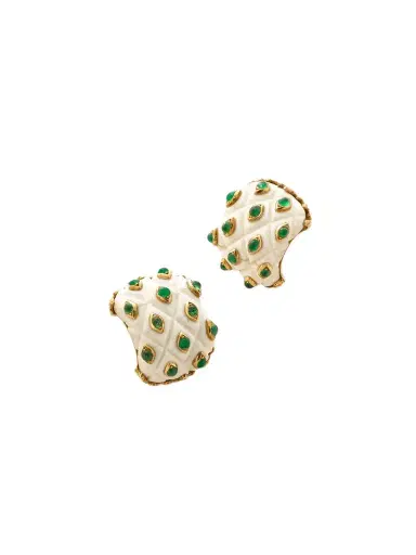 Eleuteri + Buccellati Vintage 1960's 18-karat Gold, Emerald And Bone Clip-on Earrings | Thumbnail 1 Eleuteri + Buccellati Vintage 1960's 18-karat Gold, Emerald And Bone Clip-on Earrings | Thumbnail 1