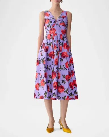 Carolina Herrera Rose-Print Pleated Bow V-Neck Midi Dress | Thumbnail 2 Carolina Herrera Rose-Print Pleated Bow V-Neck Midi Dress | Thumbnail 2
