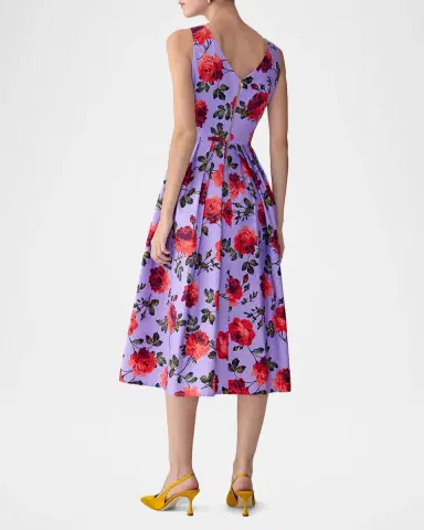 Carolina Herrera Rose-Print Pleated Bow V-Neck Midi Dress | Thumbnail 3 Carolina Herrera Rose-Print Pleated Bow V-Neck Midi Dress | Thumbnail 3