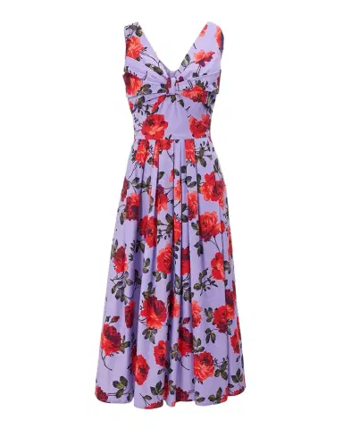 Carolina Herrera Rose-Print Pleated Bow V-Neck Midi Dress | Thumbnail 1 Carolina Herrera Rose-Print Pleated Bow V-Neck Midi Dress | Thumbnail 1